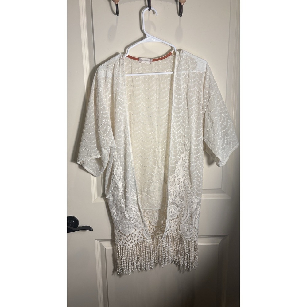 Altar'd State Cream Lace Fringe Trim Kimono XS/S Boho Beach Bridal Festival